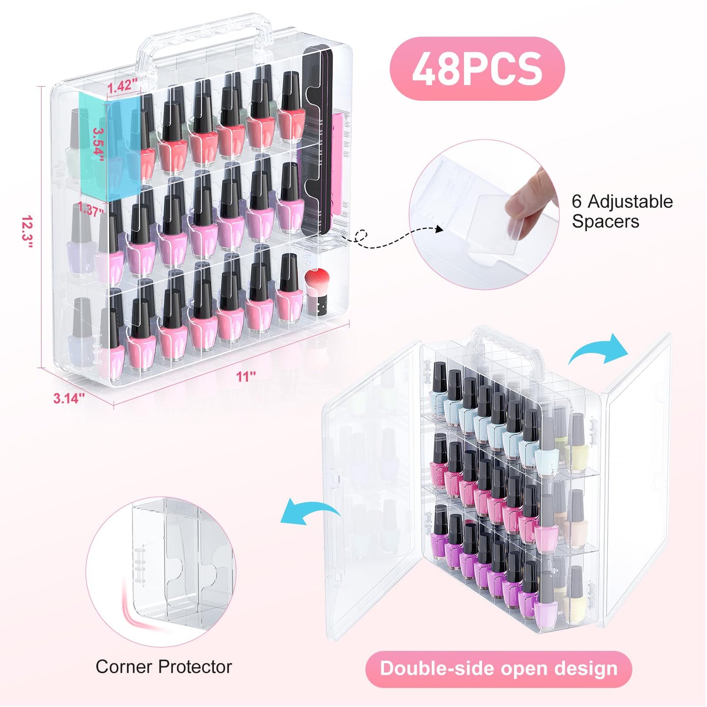 Beloving Nail Polish Organizer, 48 Bottles Transparent Nail Polish Holder with Adjustable Divider, Gel Nail Polish Storage Double Side Nail Polish Organizer Case for Storage Display