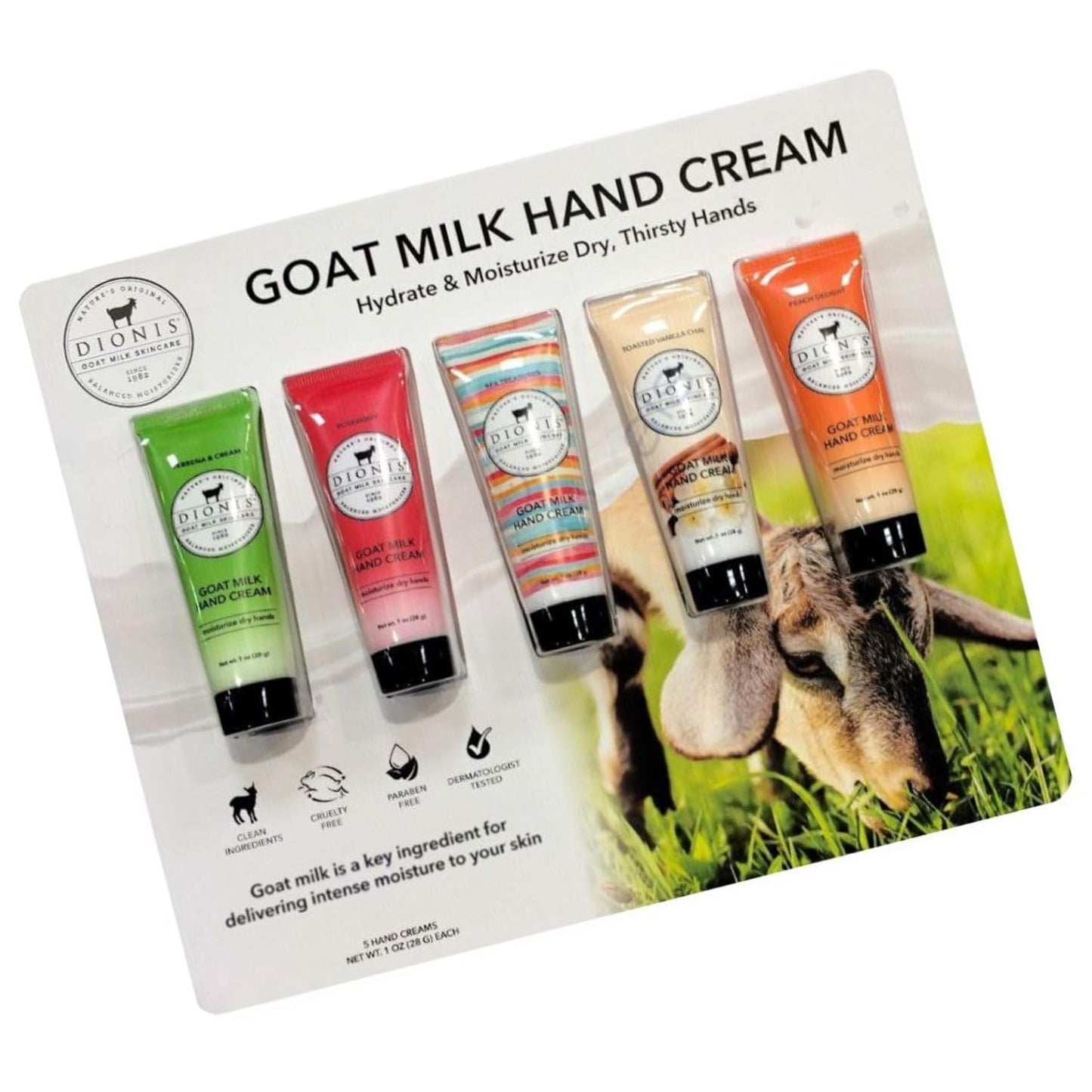 Dionis Goat Milk Hand Creams - 5 Pack of 1 oz Moisturizers | Coconut, Peppermint, Sea Treasures, Sugarberry, Vanilla Bean