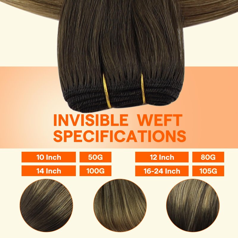 Full Shine Remy Human Hair Weft Sew In Extensions, 14 Inch 100G Dark Brown To Honey Blonde Balayage, Sew In Hair Extensions Real Human Hair For Daily Wear