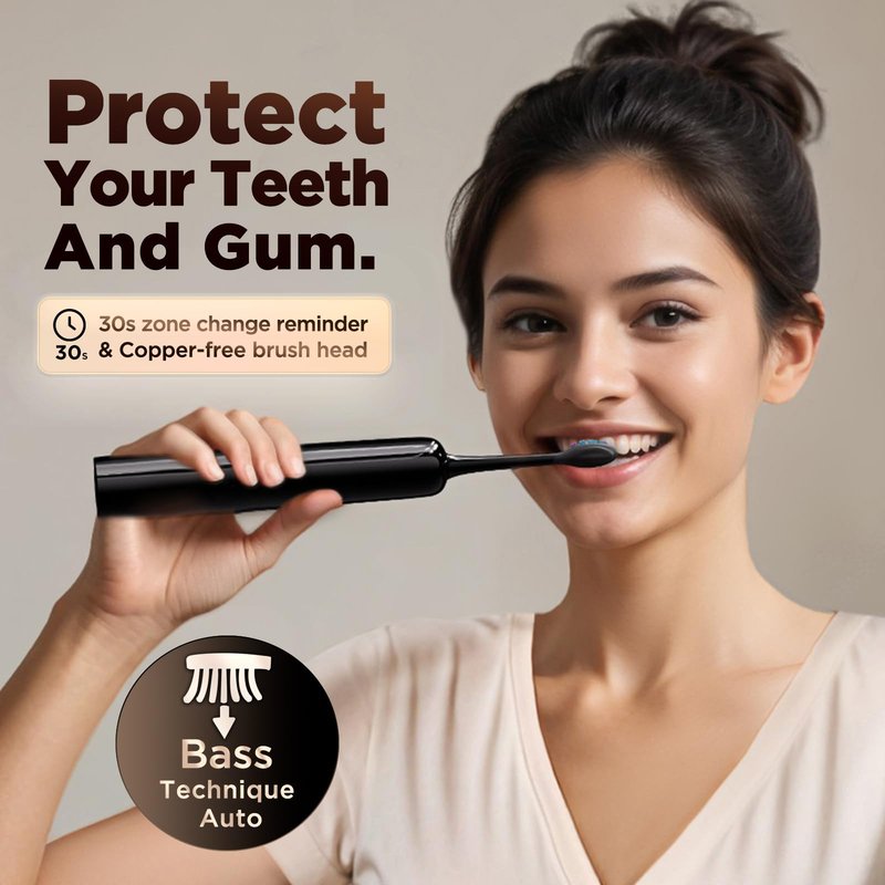 O.H.B Sonic Electric Toothbrush, Electronic 80° Wave Oscillation & Vibration Travel Sonic Toothbrush for Adults with 9 Modes, Timer, 2 Brush Heads, IPX8 Waterproof, Rechargeable, 60-Day Battery Life