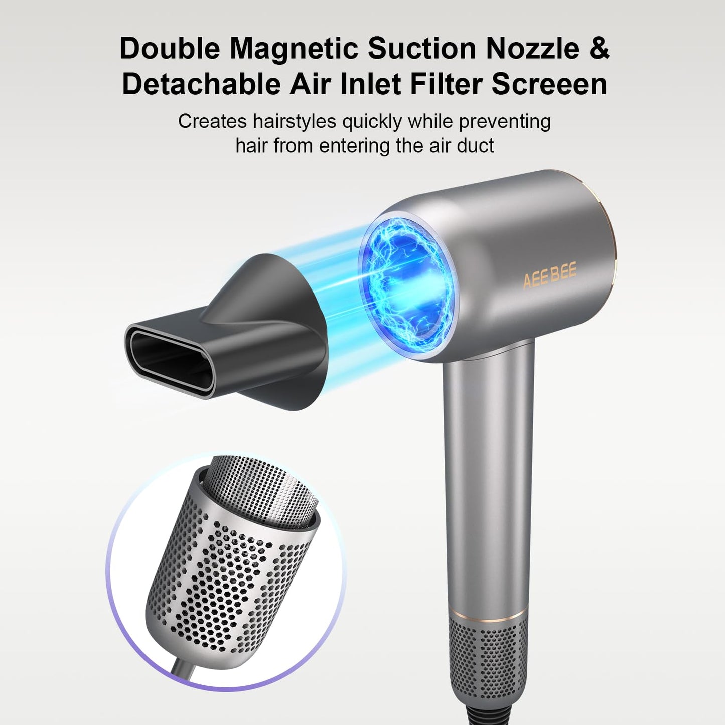 Powerful Hair Dryer, Lightweight & Small & Low Noise Ionic Blow Dryer, High Speed for Fast Drying, Compact with Magnetic Nozzle Attachment, Sliver
