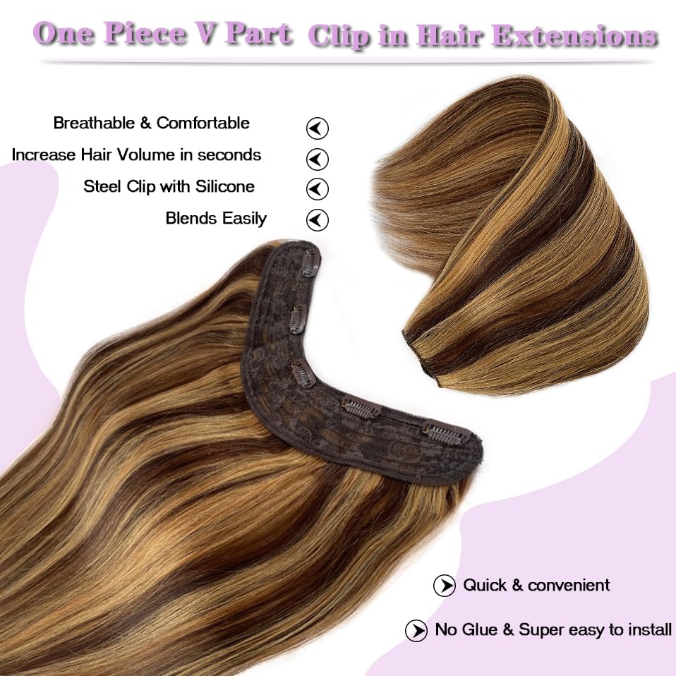 Human Hair Clip-In Extensions - Ombre Chocolate Brown to Caramel Blonde | 14" 70G V-Shape Balayage with 5 Secure Clips
