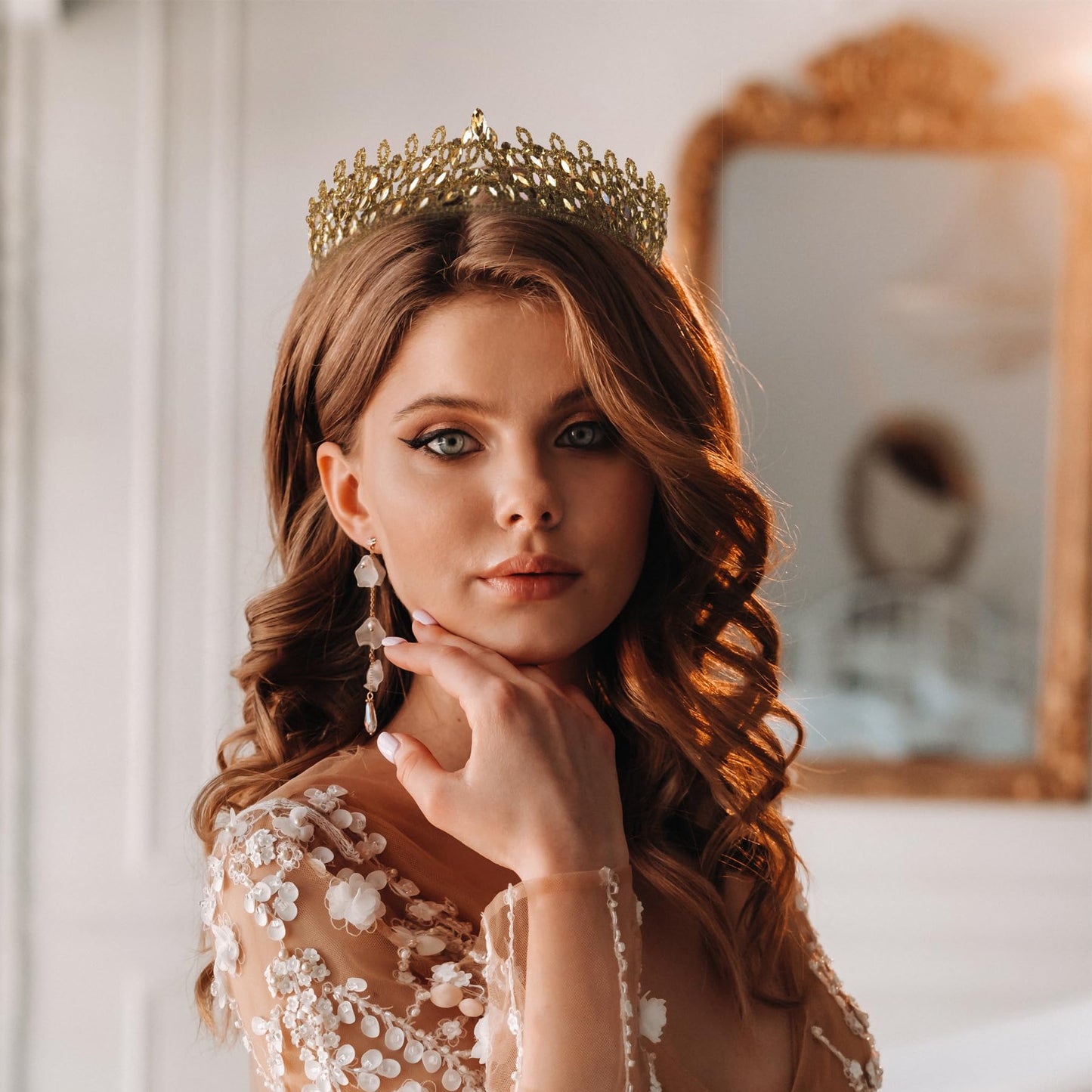 LIMELIA Women's Tiara, Crown for Henna Wedding Party | Glitter Hair Accessories for Bridal Birthday Pageant Prom Halloween Costume Christmas Party, Princess Crowns | Leaf Pattern - Honey