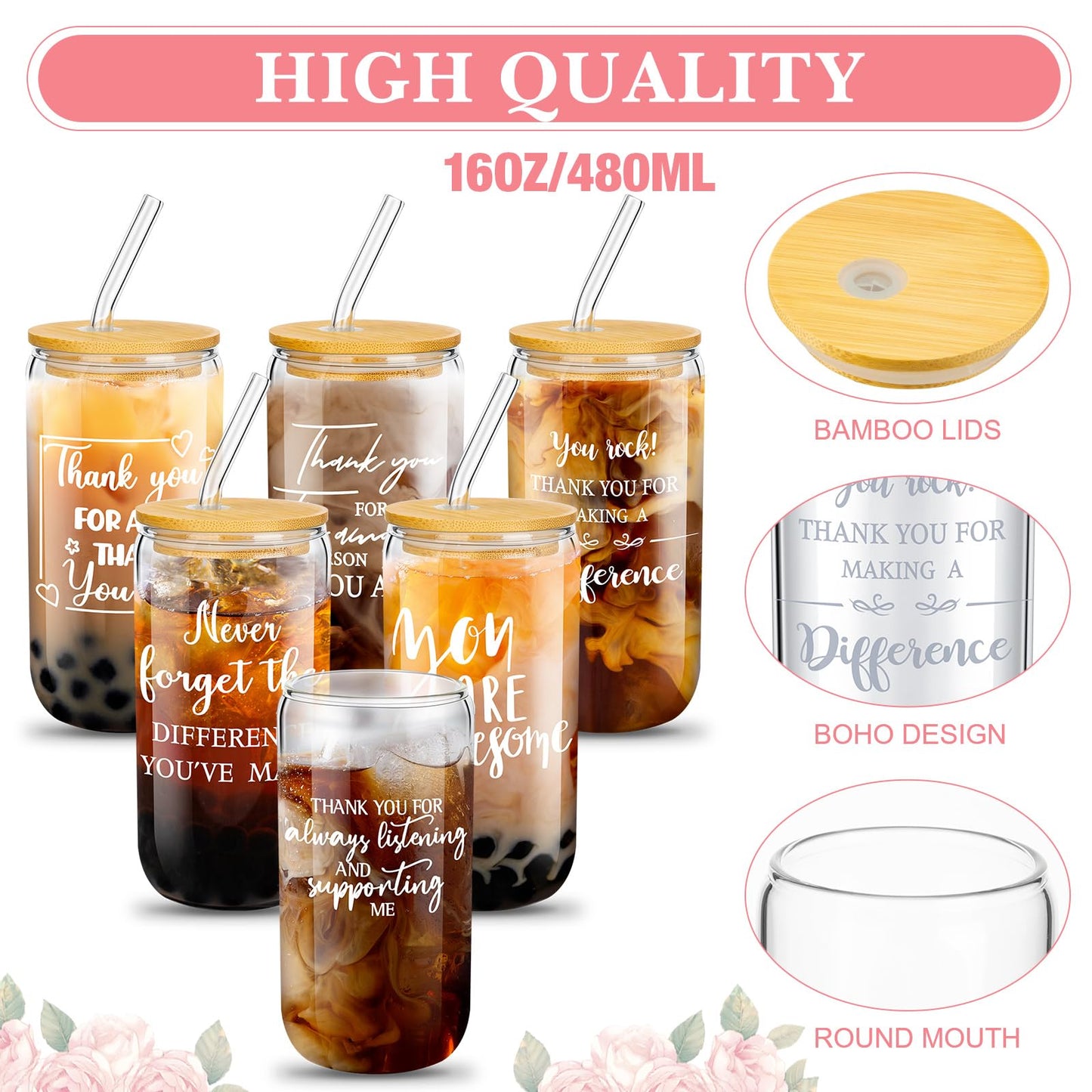 Maxcheck 6 Set 2026 Employee Appreciation Thank You Gifts Bulk Inspirational 16 oz Can Shaped Glass Cups Canvas Bag Keychain for Nurses Coworkers Staff Volunteers Work(Inspirational)
