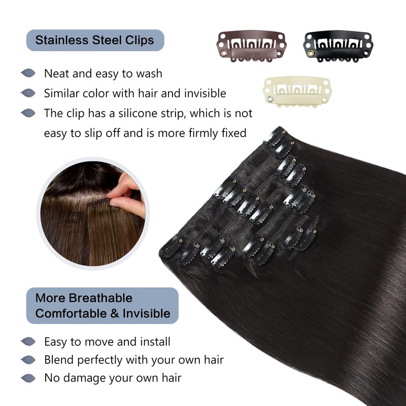 Sunya Real Human Hair Clip-in Extensions - Natural Black, Double Weft, Straight, 12 Inch #1B, 8pcs/100g