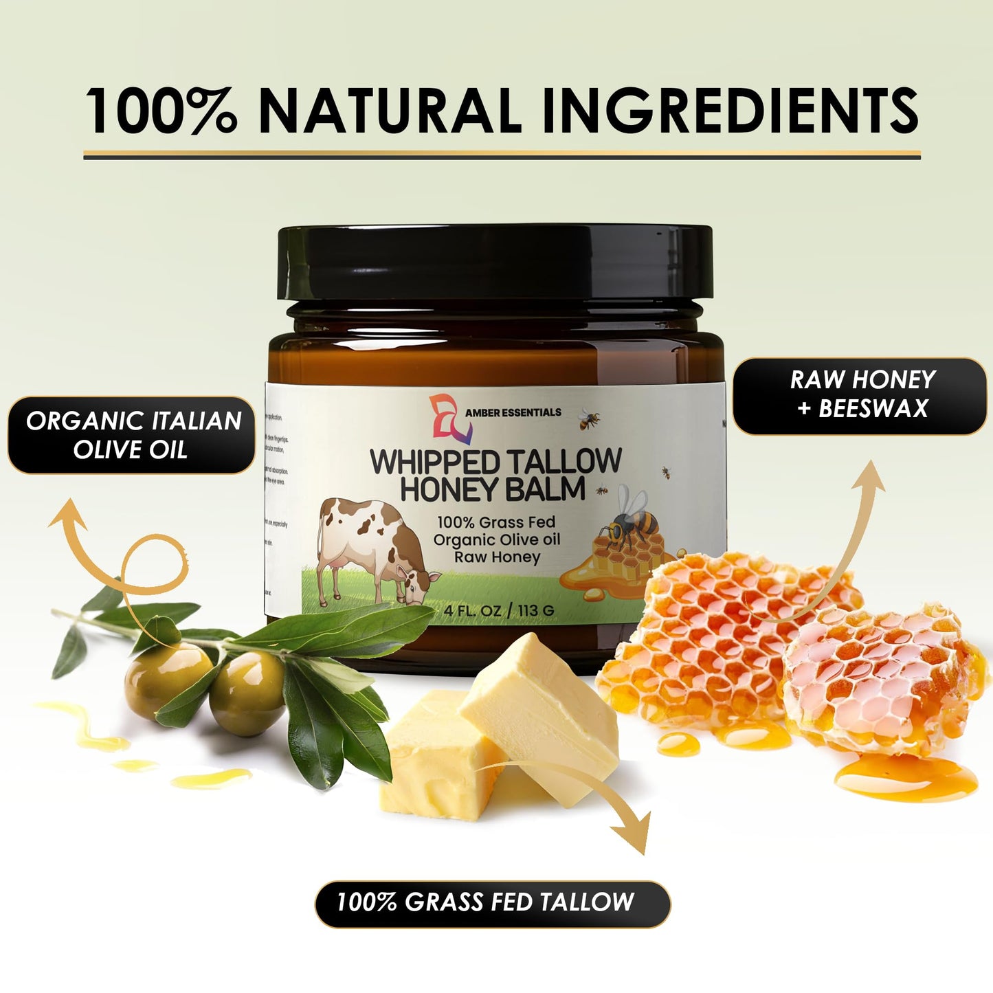 AMBER ESSENTIALS Organic Grass-Fed Beef Tallow and Honey Balm | All-Natural Moisturizer with Raw Honey & Olive Oil | Face + Body Cream for Dry, Sensitive Skin, Anti-Aging, Cracks, Acne-Prone Skin 4oz