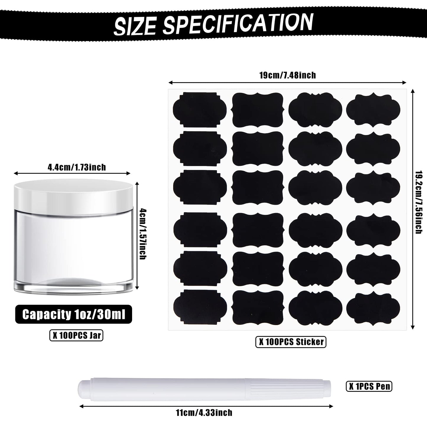 100 Set Plastic Jars Makeup Travel Makeup Container with Lids Small Storage Containers for Creams Toiletries Chalkboard Label Stickers Marker(1 oz,White)
