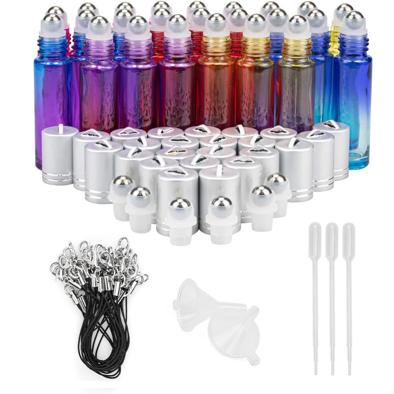 Foraineam 24 Pack 10ml Gradient Color Glass Essential Oil Bottles with Stainless Steel Roller Ball and Silver Hanging Lid