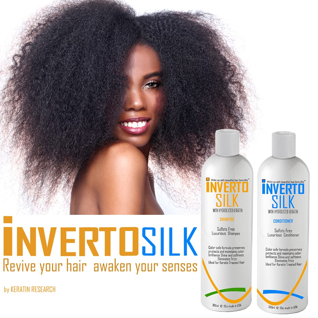 Keratin Shampoo Set For Frizzy Damaged And Color Treated hair INVERTO SILK Luxurious Sulfate Free Shampoo and Conditioner Two Bottles Value Set 2 x 360ml Protect Hair Color Eliminate Frizz