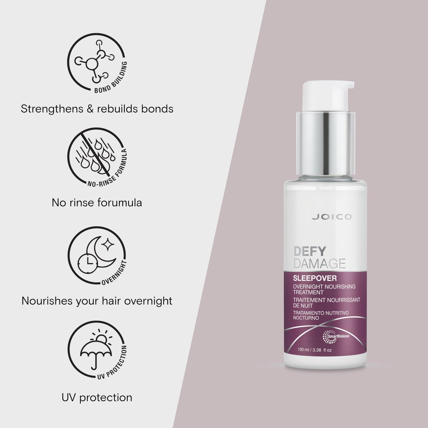 Joico Defy Damage Sleepover Overnight Nourishing Treatment | Instantly Softens & Smooths | Strengthen Bonds | Reduce Breakage & Split Ends | No Rinse Formula | With Arginine & Keratin | 3.38 oz | 2 Pack