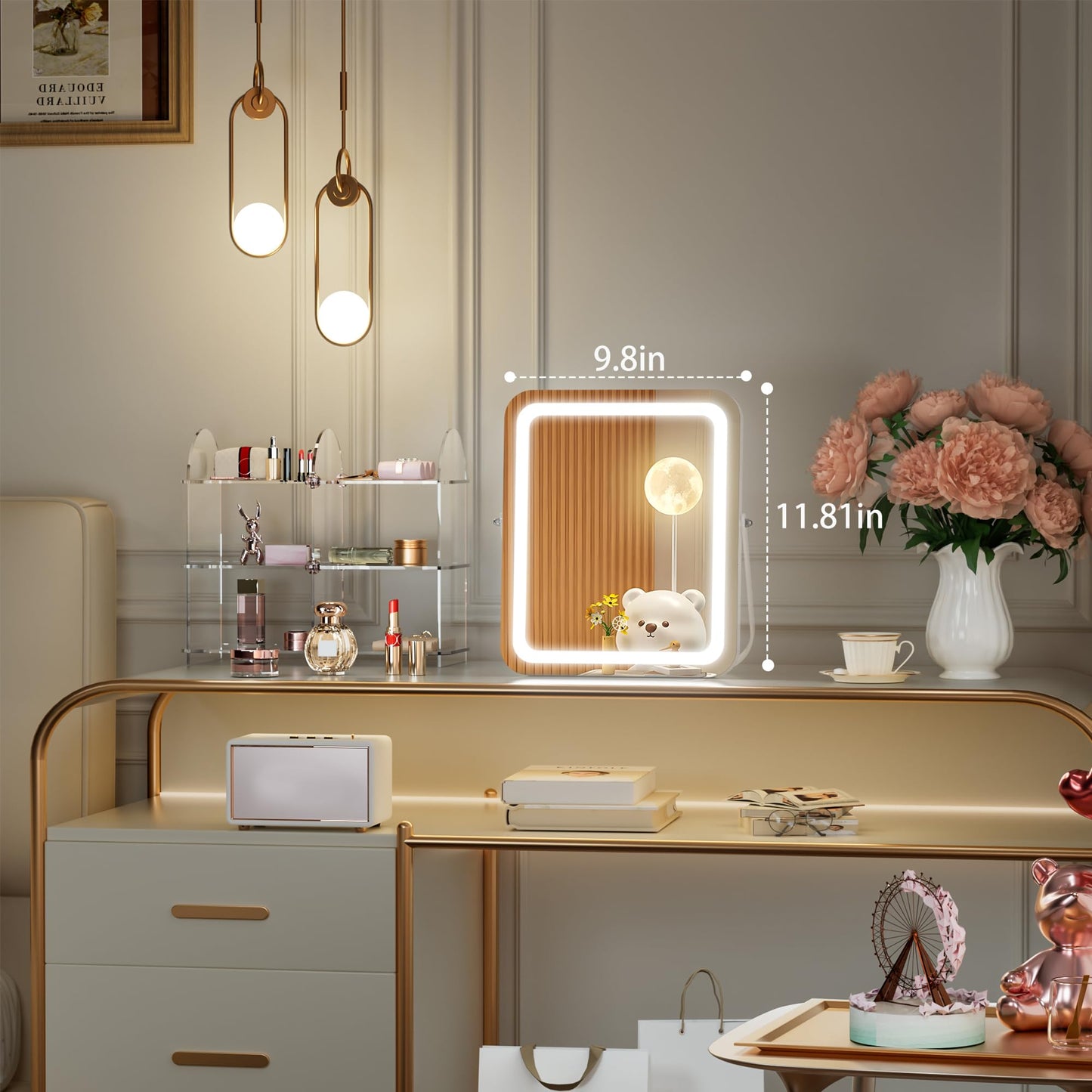 Hasipu Vanity Mirror with Lights, 14" x 11" LED Makeup Mirror, 3 Modes Light, Smart Touch Control Dimmable, 360°Rotation, Rectangle White Frame, with 5X Magnifying Glass