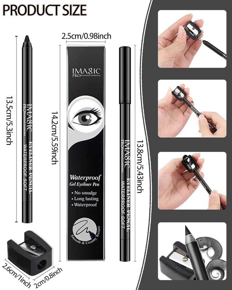 Black Waterproof Gel Eyeliner Pencil Set - Smudge-Proof & Fade-Proof | Perfect for Cat Eye & Smoky Eye Looks