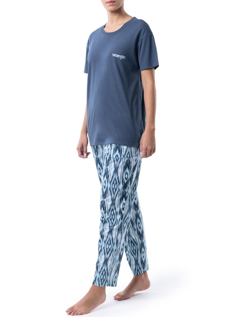 Wrangler Women's Short Sleeve Graphic Tee and Printed Pants Pajama Sleep Set, Dark Denim/Geo, X-Large