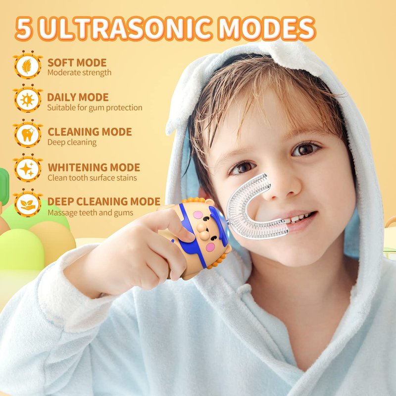 RexCodar Kids Electric Ultrasonic Toothbrush, U Shaped IPX7 Waterproof with 5 Smart Modes (Cartoon Duck, Ages 2-6)