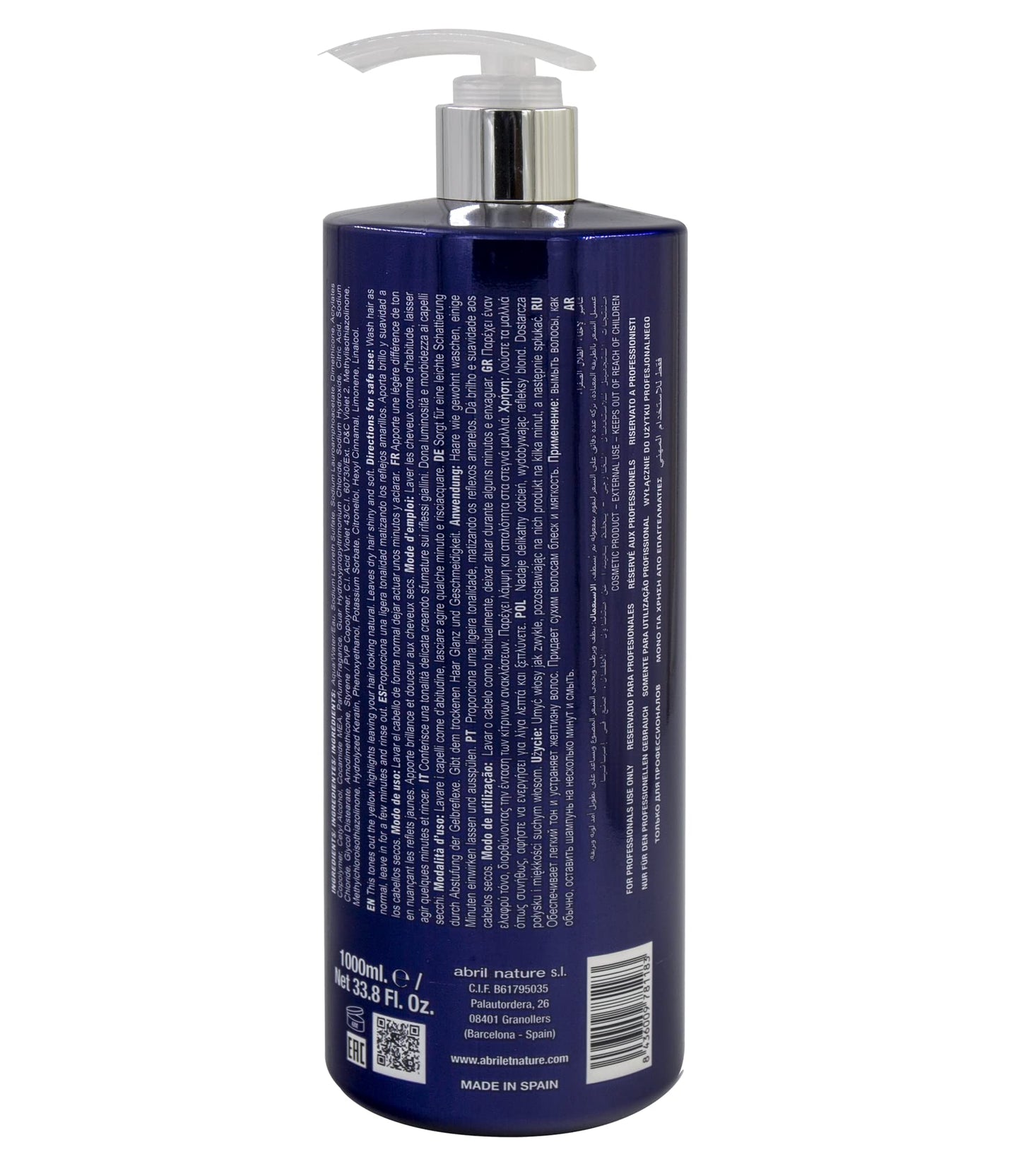 Abril Et Nature Bain Shampoo Platinum - 1000 ml - Purple Toning Shampoo - to Tone Down Grey or Bleached Hair - Eliminates Brassy Yellow Tones-Keratin Hair Treatment
