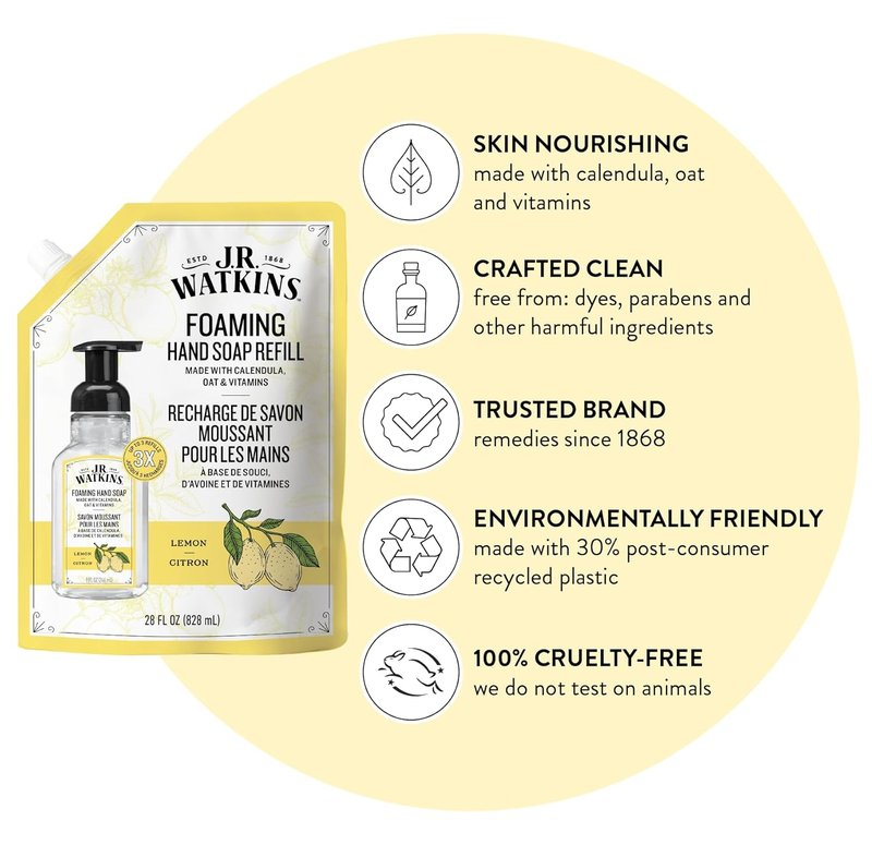 J.R. Watkins Foaming Hand Soap Refill - Moisturizing Plant-Based Cleanser | Lemon, 28 fl oz, 2 Pack