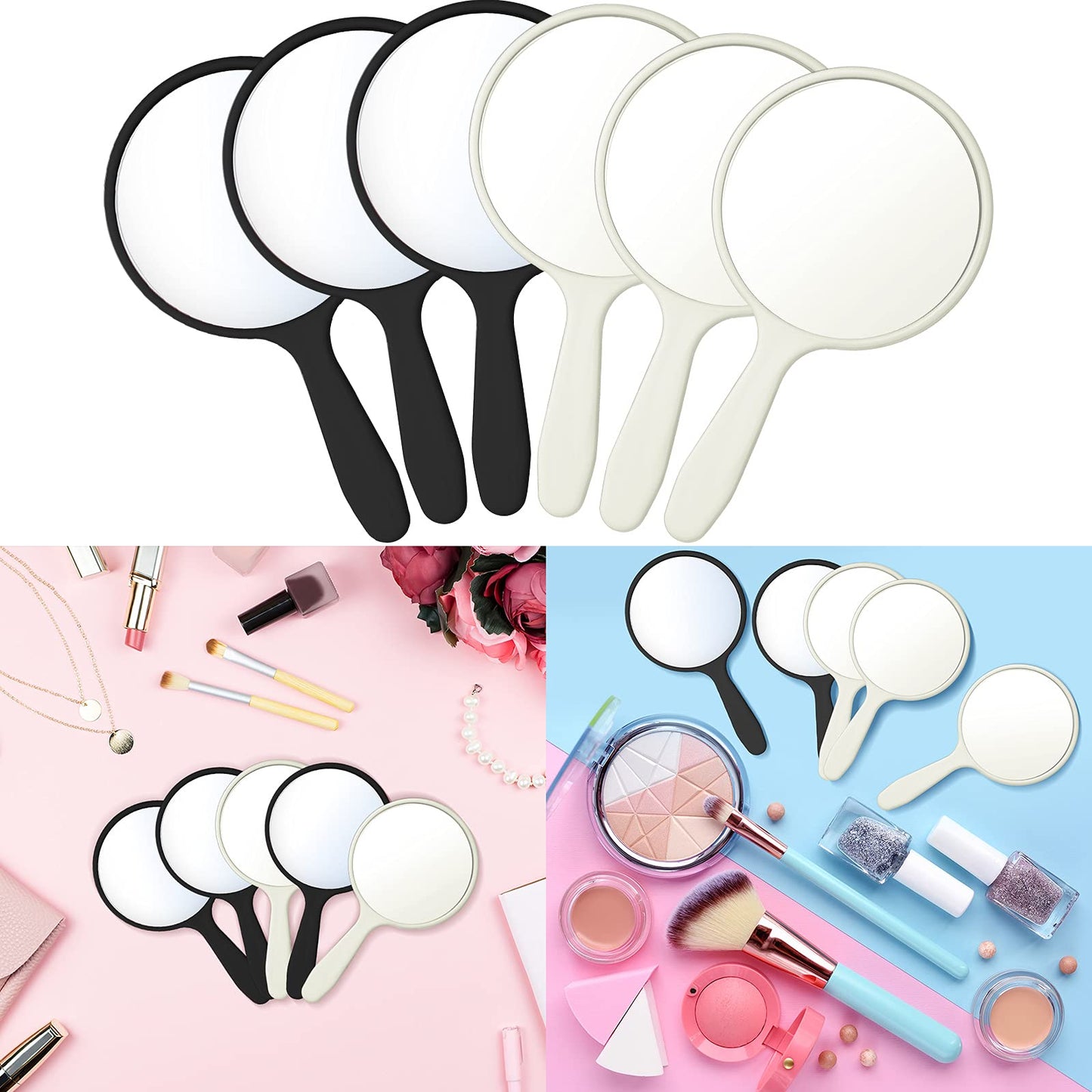 Jetec 50 Pcs Handheld Mirror with Handle, 3.94" L x 2.17" W, Small Portable Round Mirror Bulk for Kids Classroom Travel Makeup Camping Daily DIY Gift Valentine's Day Easter Crafts (Black, White)