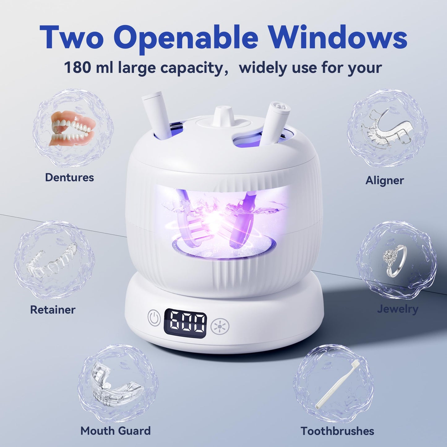JEDIA Ultrasonic Retainer Cleaner – Detachable Denture Cleaner Machine with 4 Modes, 45kHz & Double Openable Windows Retainers Pod for Mouth Guard, Jewelry & Braces, 180ML Capacity – White