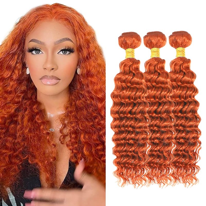 Ginger Bundles Human Hair - 350 Deep Wave Remy Hair Extensions | 8-10-12 Inch Orange Bundles for Women