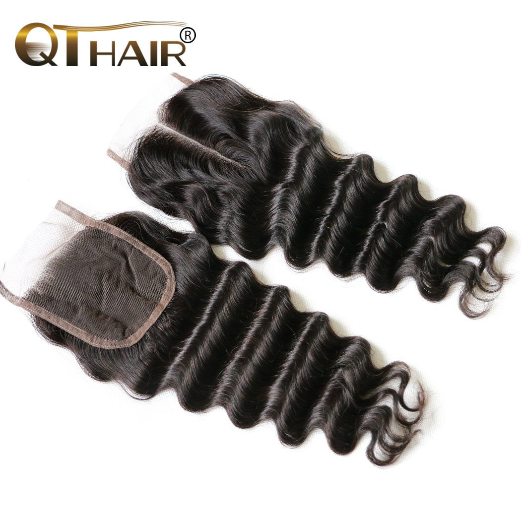 QTHAIR 18A Loose Deep Wave Lace Closure - 4x4 Brazilian Human Hair, Pre-Plucked, 14" with Baby Hair