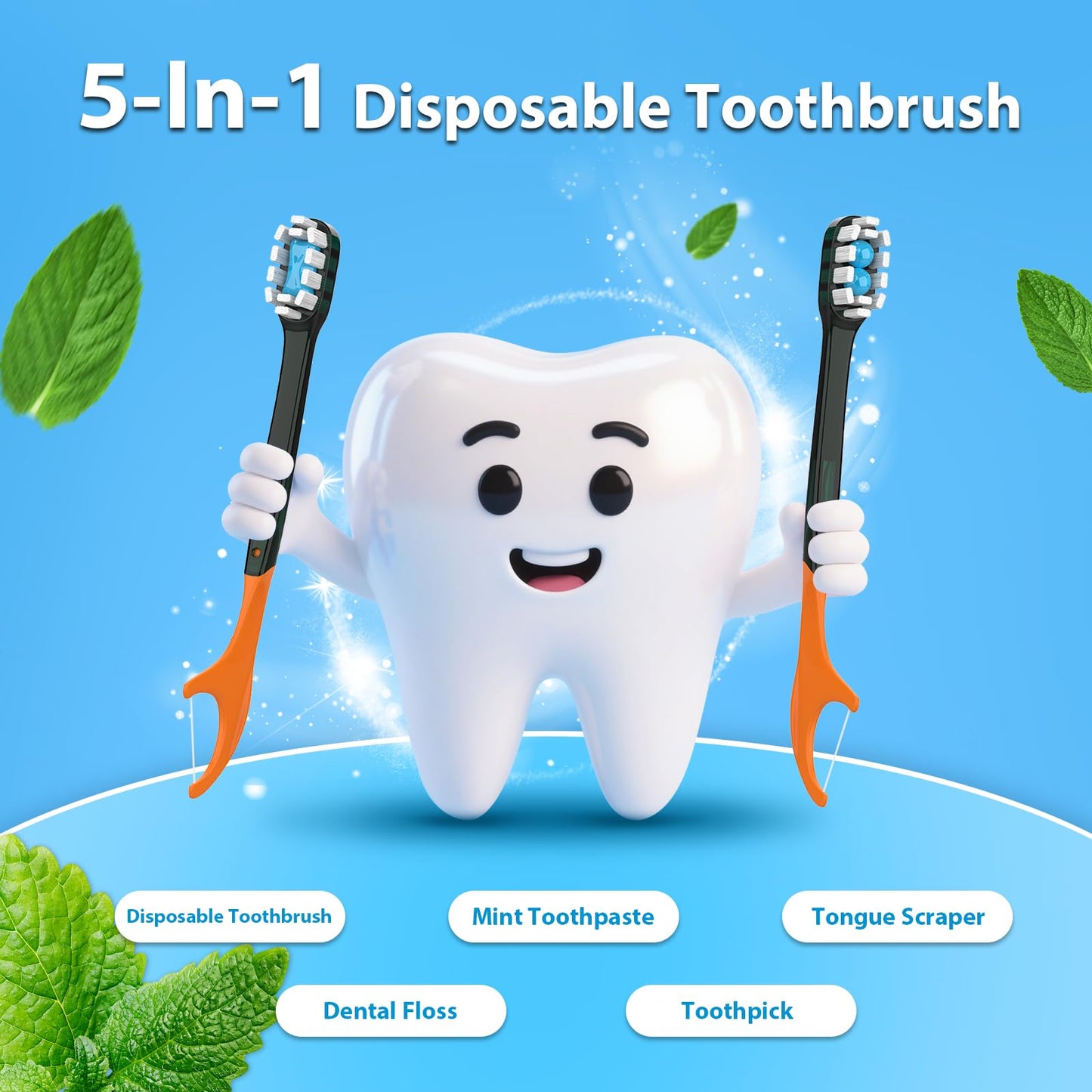 70Pack Disposable Toothbrushes with Toothpaste + Pick + Floss + Tongue Scraper 5-in-4 Mini Prepasted Travel Toothbrush for Hotel Camping Flight Car Single Use Portable Individually Wrapped | Mint