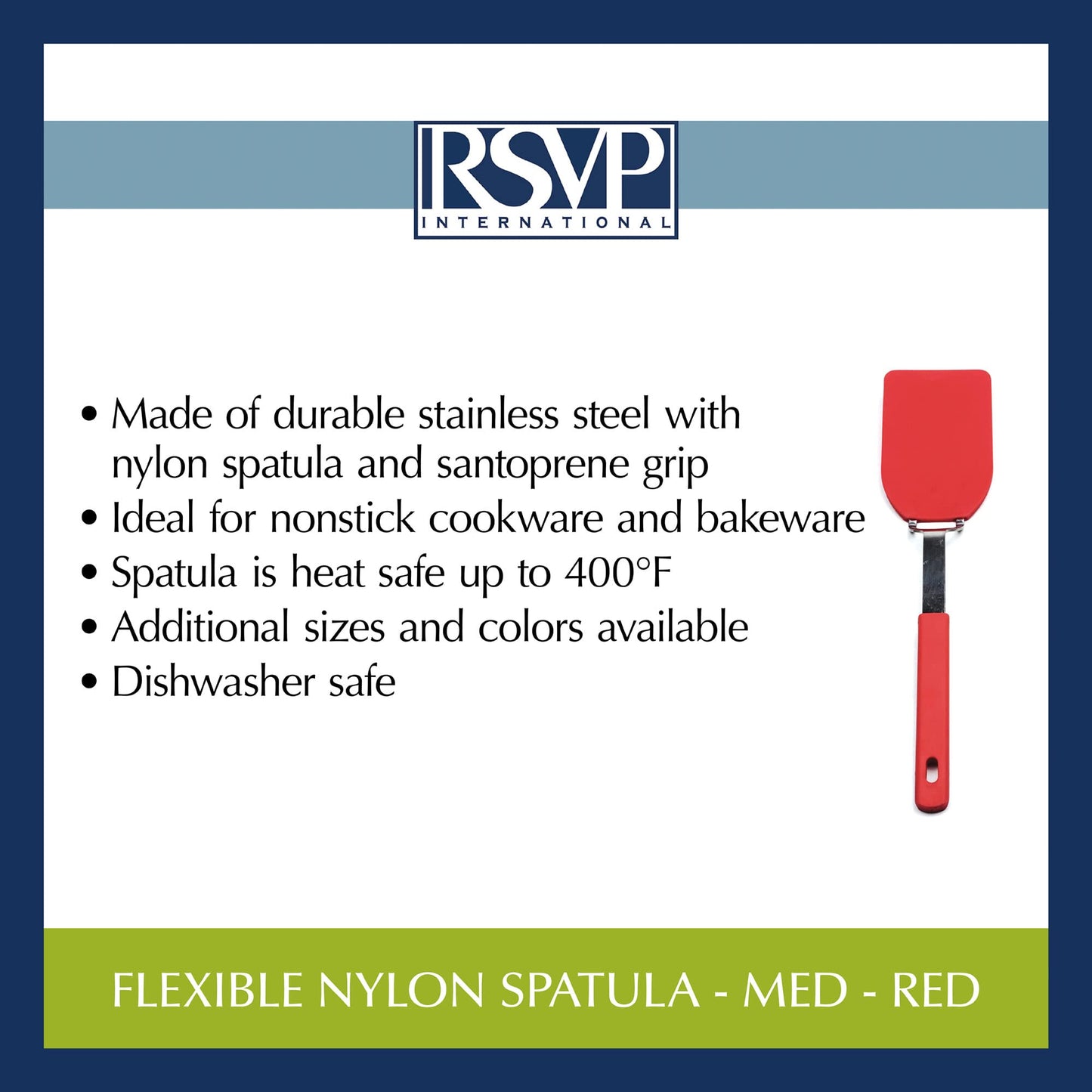 RSVP International Kitchen Tool Collection Flexible Nylon Spatula, Stainless Steel Handle, 12x2.75", Red