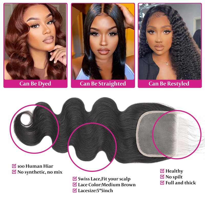 5x5 Lace Closure Body Wave HD Lace Closure Pre Plucked 100% Brazilian Virgin Human Hair Extensions for Black Women with Baby Hair Free Part Natural Color