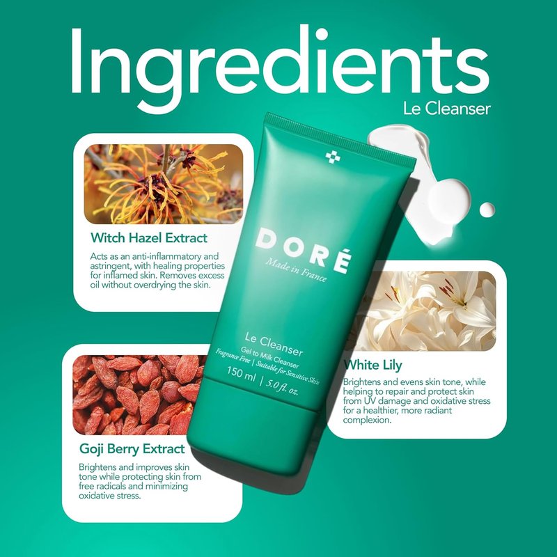 Doré Daily Face Cleanser Gel to Milk - Gentle Hydrating Makeup Remover for Dry & Sensitive Skin | 5 fl oz (150 ml)