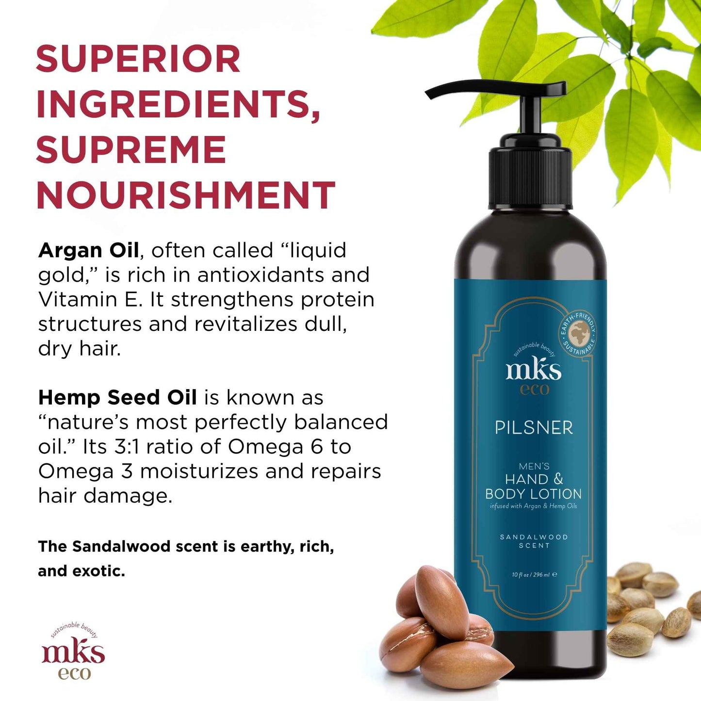 MKS eco for Men Pilsner Hand & Body Lotion, Sandalwood Scent - 10 oz - Hydrate, Smooth & Protect Skin - With Hemp Seed Oil & Argan Oil - Vegan, Cruelty Free