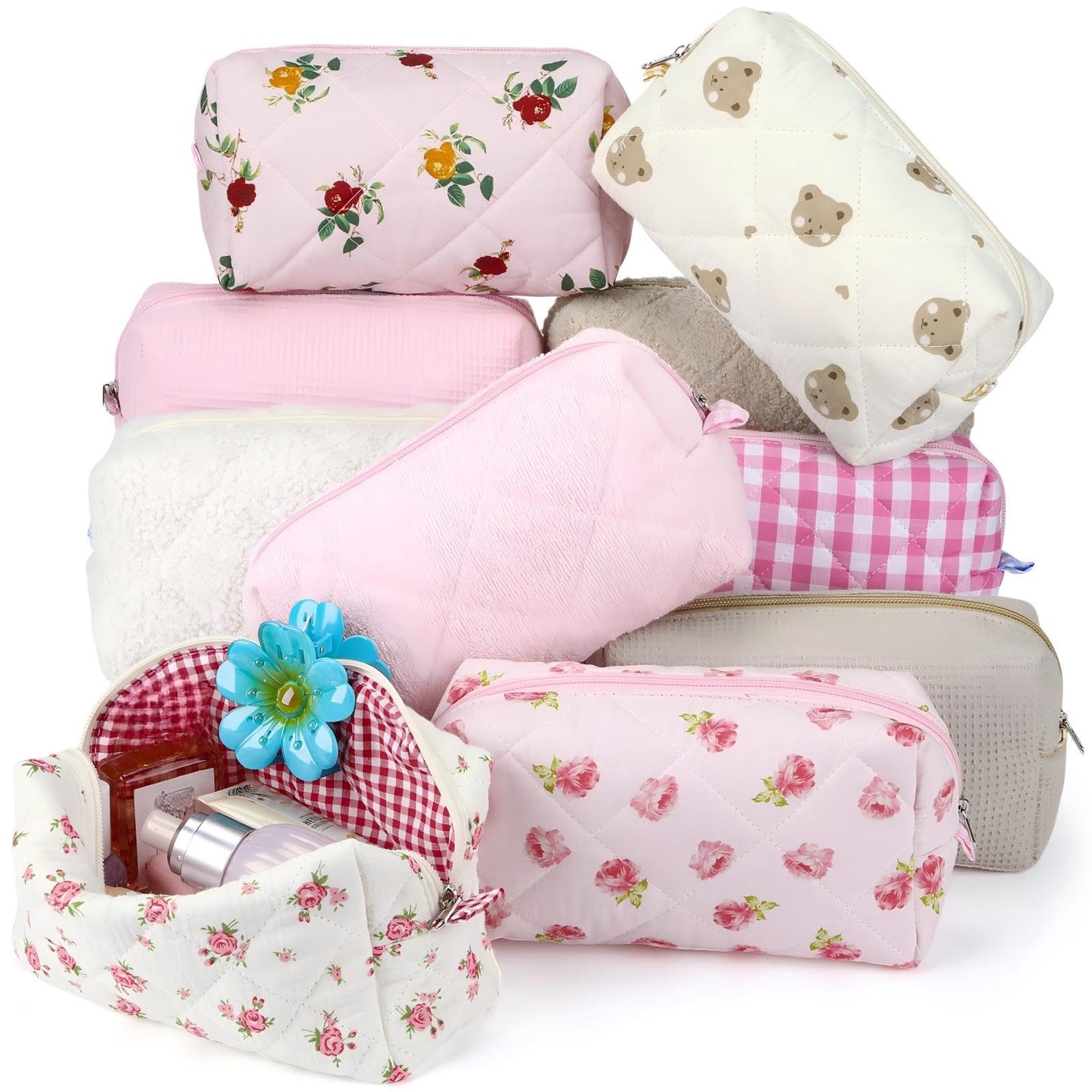 Paterr 10 Pcs Quilted Makeup Bag Bulk Cotton Floral Cosmetic Bag Women Girls Bridesmaid Gifts Cute Makeup Pouch Coquette Aesthetic Travel Toiletry Organizer(Beige Floral,7.87 x 4.72 x 3.15 Inches)