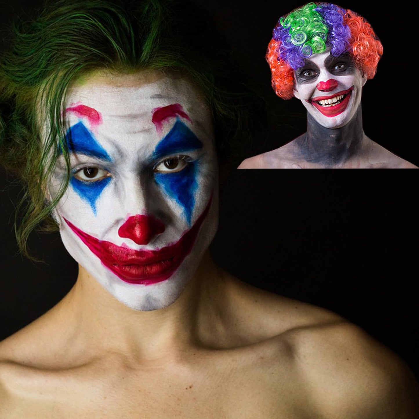 MEICOLY Joker Makeup Kit,Complete Joker Costume Clown Makeup,Clown White Face Paint Character Set for Halloween SFX Cosplay Stage Performance Theatre,Green Hair Dye,Setting Powder,Red Lip Gloss