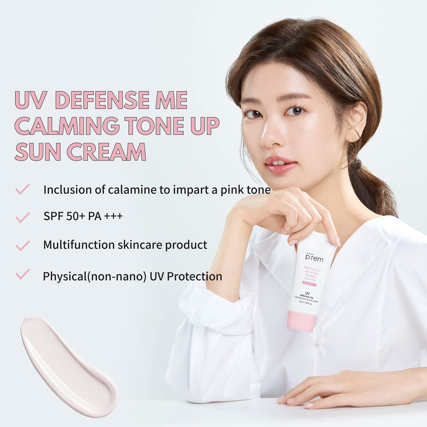 MAKEPREM UVA UVB Defense Me Calamine Calming Sun Cream SPF 50+ PA++++ 1.69 Fl Oz Korean Mineral Sunblock VEGAN Sunscreen Reef-safe Mild Non-Irritating Sensitive Acne-Prone Skin Non-Nano No Chemicals