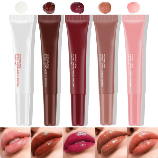 DENESTUP 5 Pcs Hydrating Lip Gloss Lip Jam Set, High Shine Glass Finish Nude Colors Moisturizing Glitter Plumping Lip Gloss Shiny Jelly Liquid Lipstick for Girls and Women