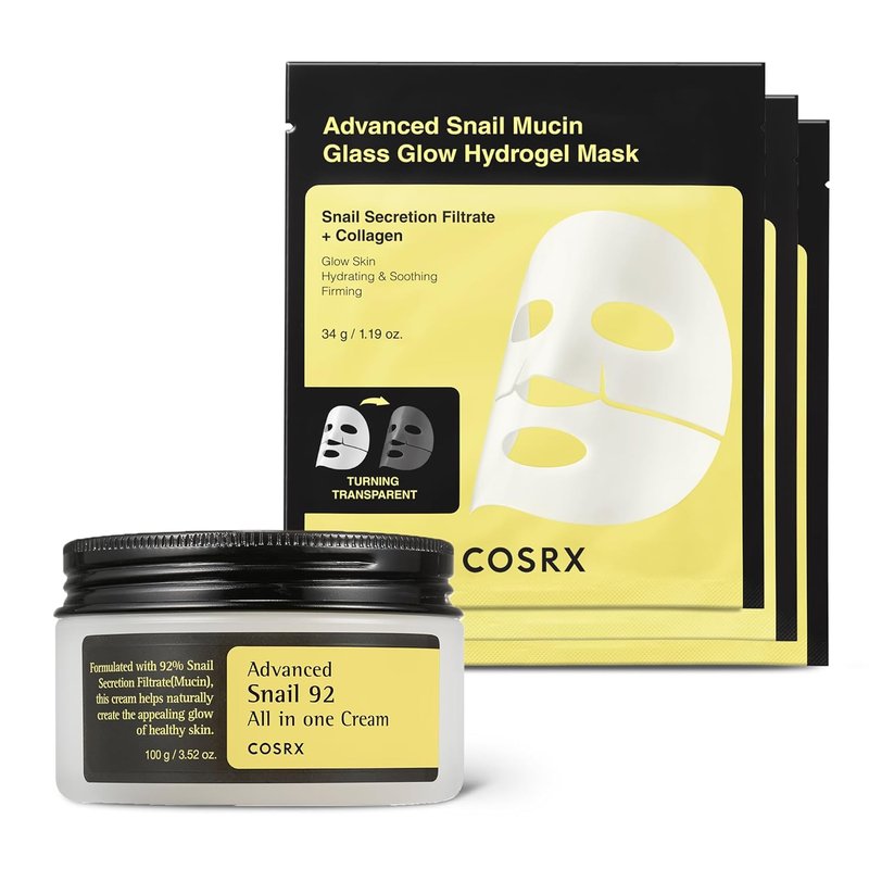 COSRX Snail 92% Cream - Hydrating Snail Mucin Moisturizer & Hydrogel Mask Set | Travel Essentials, Korean Skin Care