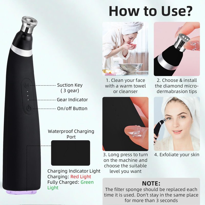 IeBilif Diamond Microdermabrasion Machine, 3 Modes Diamond Microdermabrasion Dermabrasion Machine for Blackhead Removal, Portable Microdermabrasion Tool with 8 Diamond Tips