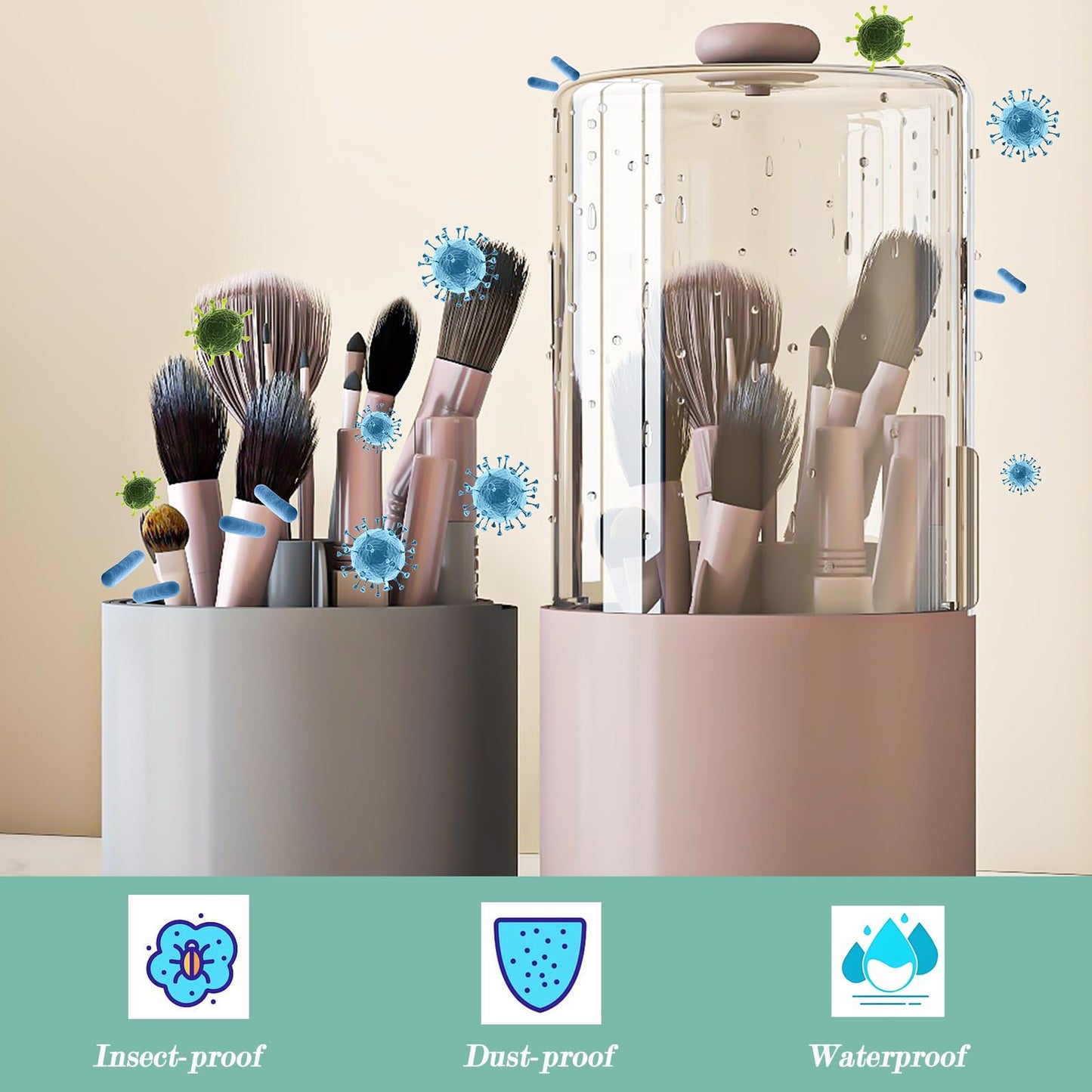 Zufudo Makeup Brush Holder with Dustproof Cover, Clear 360 Rotating Make Up Brushes Organizer for Counter Vanity Bathroom, Pink