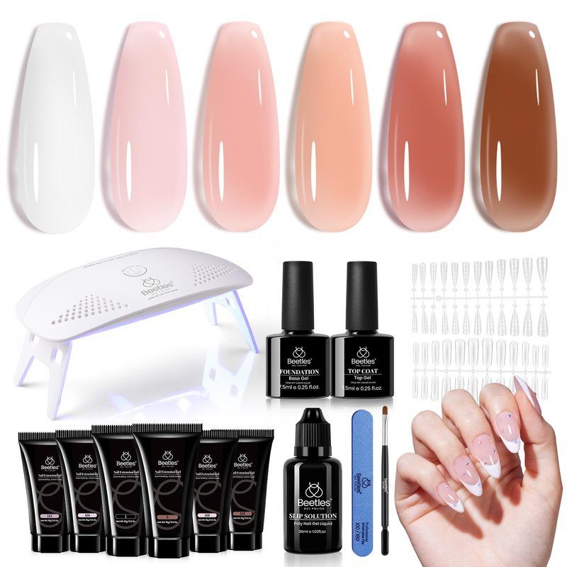 Beetles Poly Extension Gel Nail Kit 6 Colors Poly Nail Gel With Mini Nail Lamp Pink Nude Purple Poly Nail Gel Starter Kit for Beginner Nail Thickening Solutions DIY Home Salon Gift for Women Girls