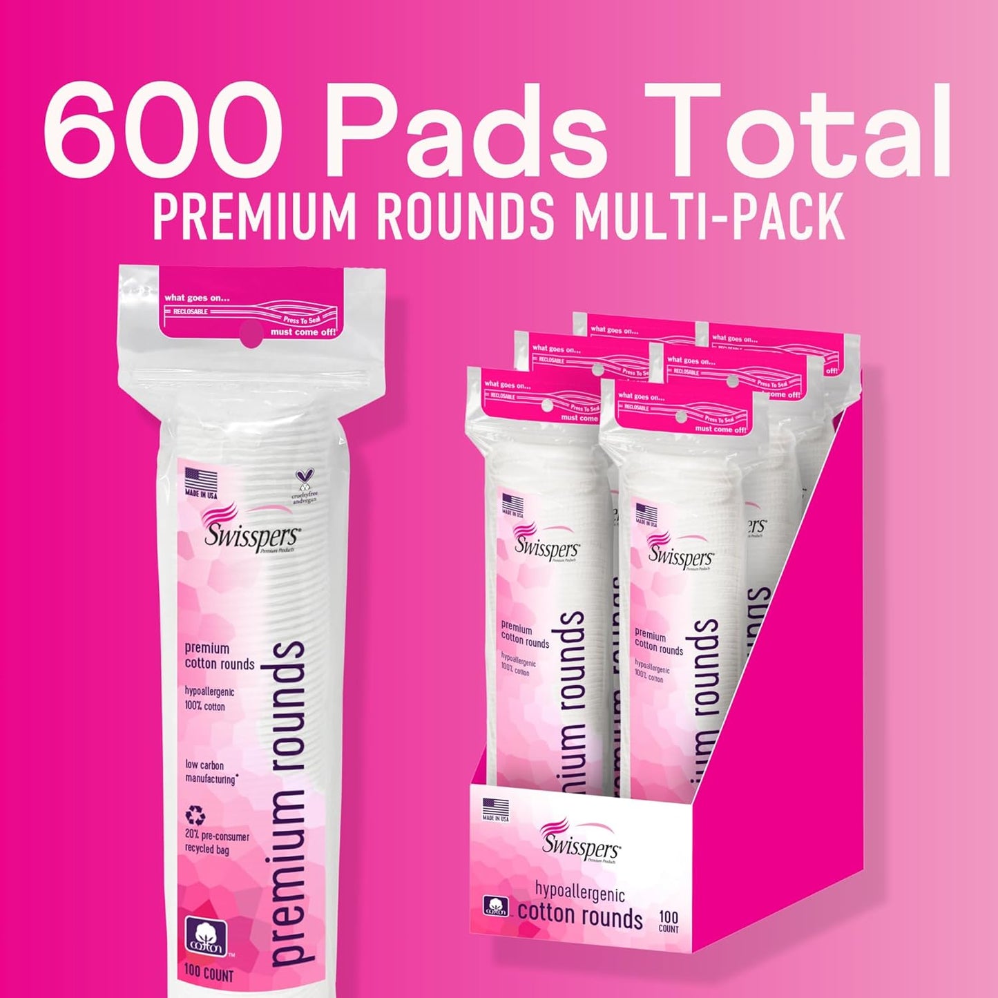 Swisspers Cotton Rounds - Hypoallergenic Dual-Sided Makeup Removal Pads | 100% Pure Chlorine-Free Cotton, 100 Pads (Pack of 6)