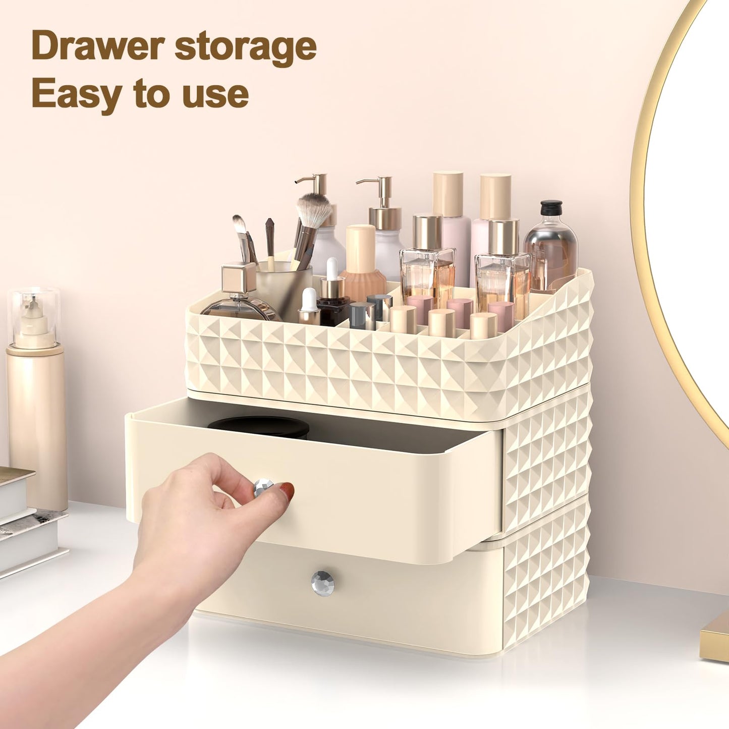 Rosoenvi Makeup Organizer for Vanity, Stackable Cosmetics Organizer and Storage, Cosmetic Display Cases with 2 Drawers and 1 Tray for Makeup Brush, Hair Accessories, Lipstick and Jewelry, Clear