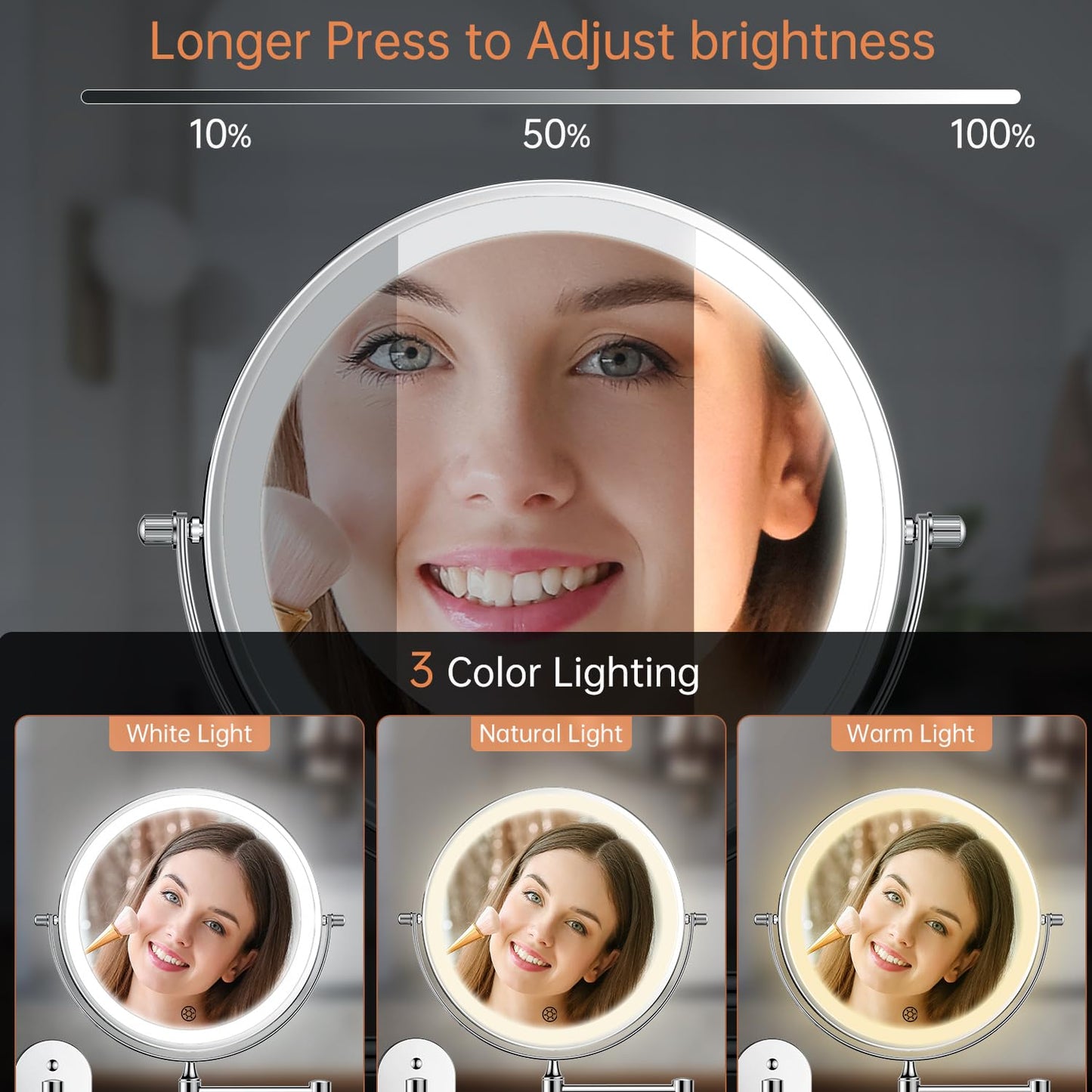 FUNTOUCH 5000mAh Rechargeable Wall Mounted Lighted Makeup Vanity Mirrors, Double Sided 1X 30X Magnifying, 3 Color Lighting, Touch Screen Dimming, Extended Arm 360 Rotation Shaving Bathroom Mirror