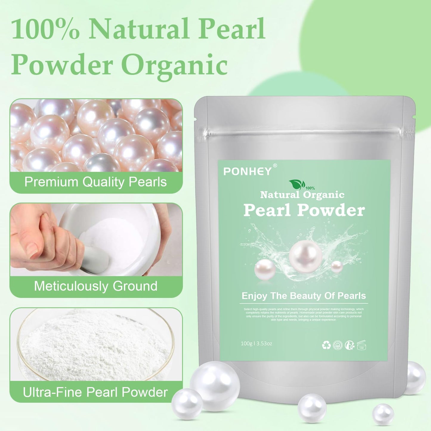 Ponhey Pearl Powder Organic, Pearl Powder for Eyes & Face, 100% Natural DIY Skincare, Deep Cleansing, Pore-Shrinking & Anti-Aging Mask 100g (3.53oz)