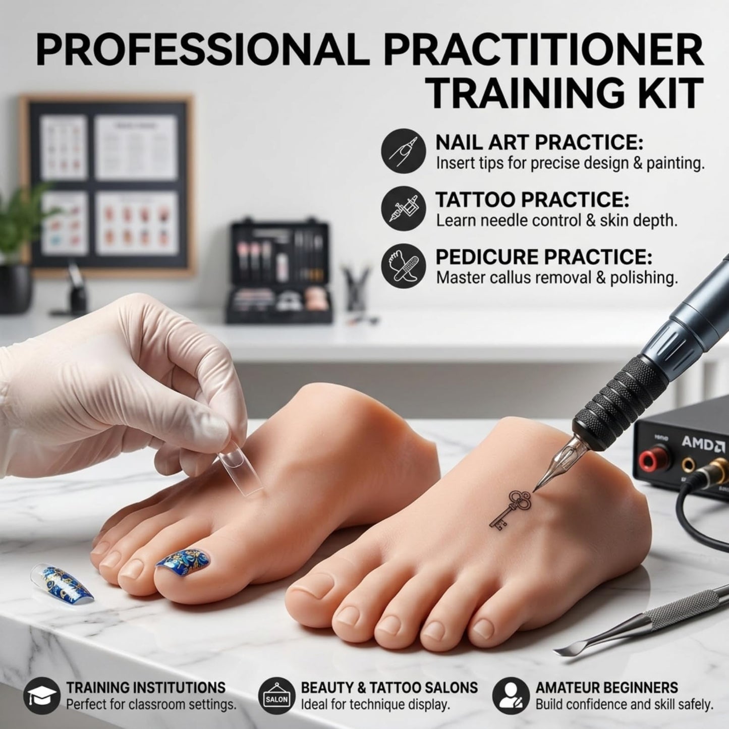 Nail Art Training Foot 1 Pair Fake Half Foot for Pedicure Practice, Soft Wear Resistance Silicone Practice Foot Pedicure Tattoo Practice Silicone Foot Model Acrylic Nails