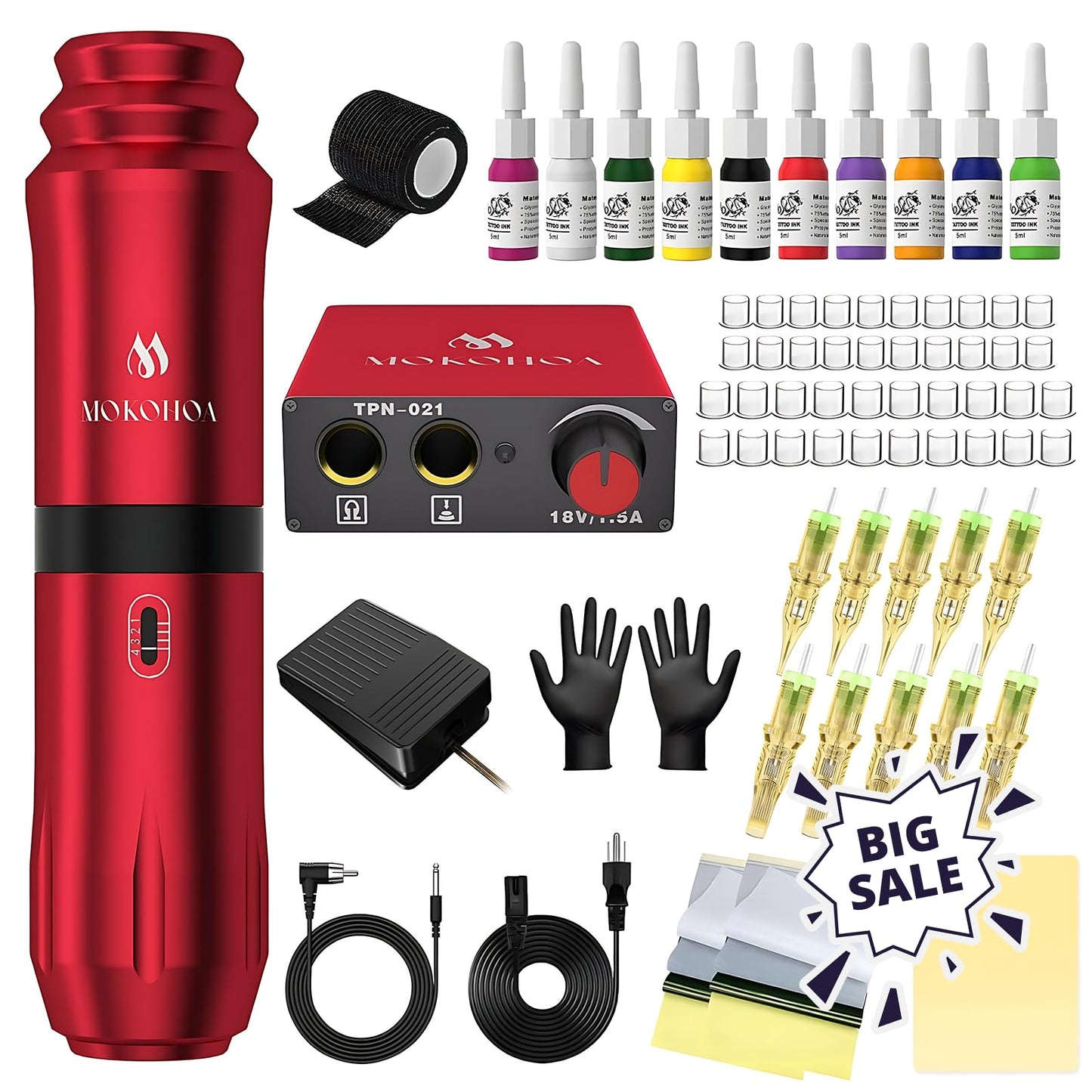 Tattoo Gun Kit Complete Tattoo Kit, Tattoo Machine Kit for Beginners, Rotary Tattoo Pen Kit,10 Pro Tattoo Cartridge Needles,10 Ink Color Set for Tattoo Supplies (Red)
