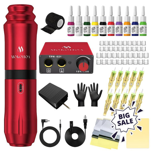 Tattoo Gun Kit Complete Tattoo Kit, Tattoo Machine Kit for Beginners, Rotary Tattoo Pen Kit,10 Pro Tattoo Cartridge Needles,10 Ink Color Set for Tattoo Supplies (Red)