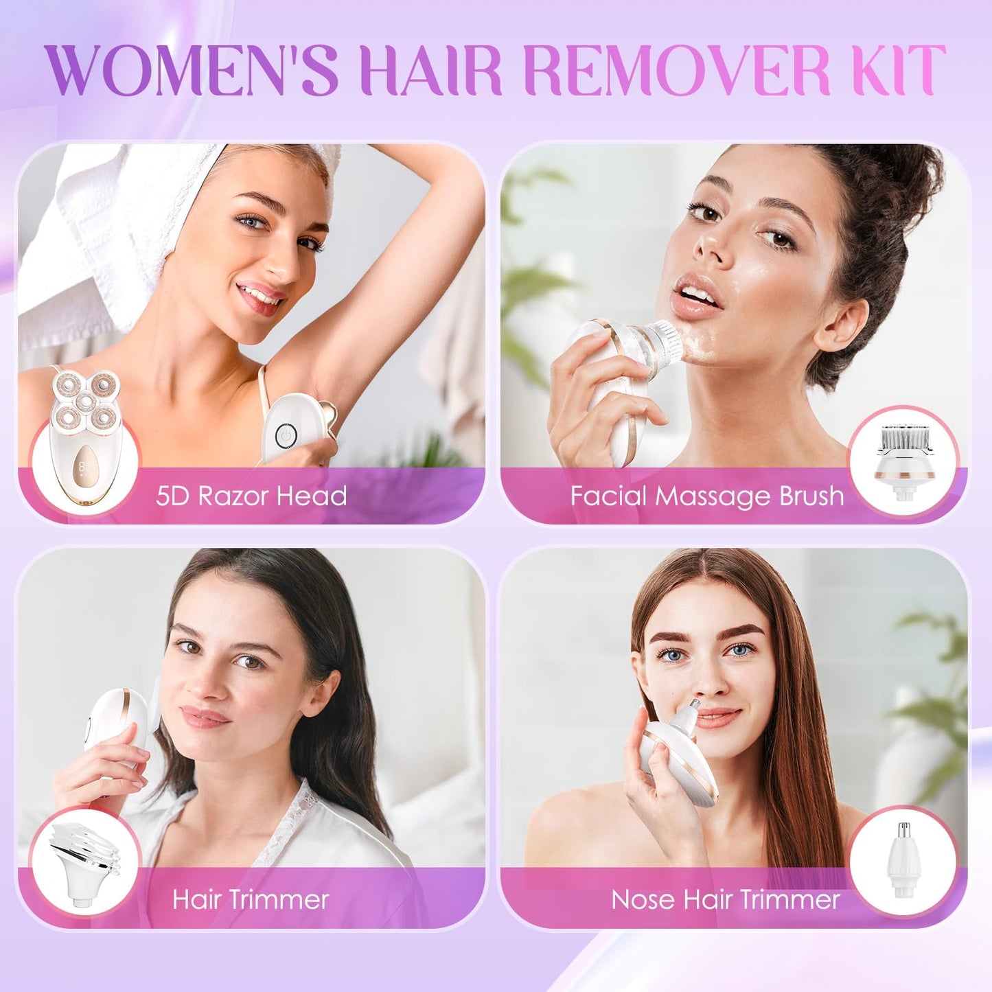 Electric Razors for Women, 5-in-1 Multi-Function Body Shavers for Women Legs, Cordless Ideal Travel Trimmer - Waterproof Wet/Dry Hair Remover Kit, Rechargeable, Gold