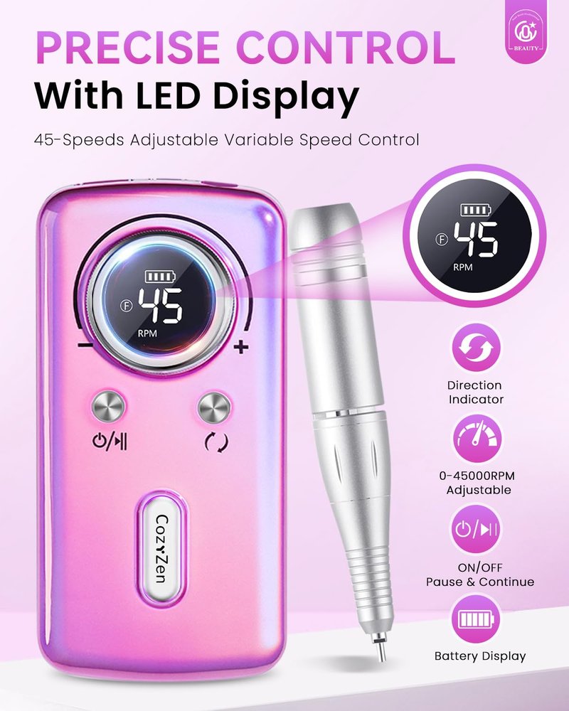 CozyZen Cordless Nail Drill Professional: 45000 RPM Rechargeable Electric Nail File Kit, Portable & Low Noise for Acrylic, Gel Nails, Manicure & Pedicure - Salon & Home Use