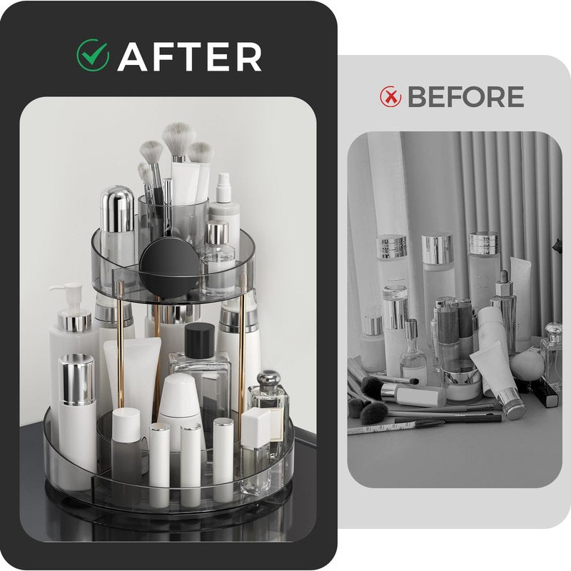 2 tier Makeup Organizer Countertop,360 Rotating Makeup Organizer for Skincare, Lipstick and Perfumes,Multi-function Cosmetic Display Cases for Vanity,Bathroom,Grey