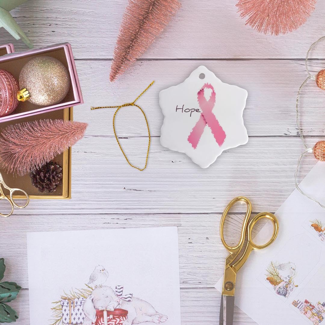 3dRose orn_42618_1 Painted Pink Ribbon Hope Art Breast Cancer Awareness Snowflake Decorative Hanging Ornament, Porcelain, 3-Inch