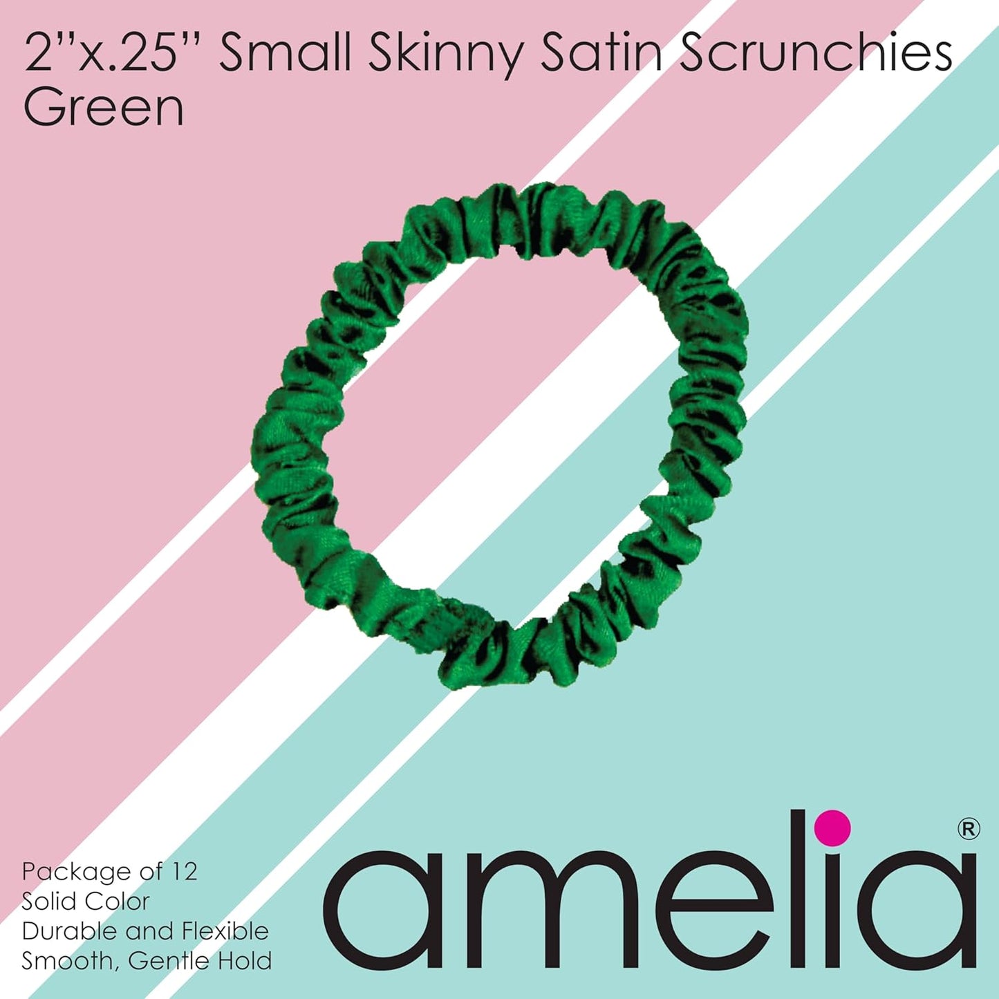 Amelia Beauty, Black, Skinny Satin Scrunchies, 12 Pack – 2in Diameter, Gentle & Strong Hold, No-Snag, No-Dent, Crease-Free Hair Ties