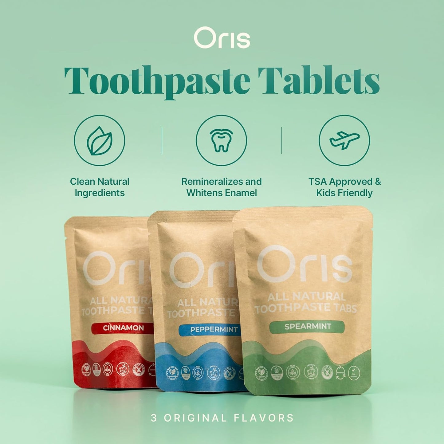 Oris Natural Toothpaste Tablets - Hydroxyapatite Enamel Remineralization | Kid-Friendly Spearmint - 62 Count